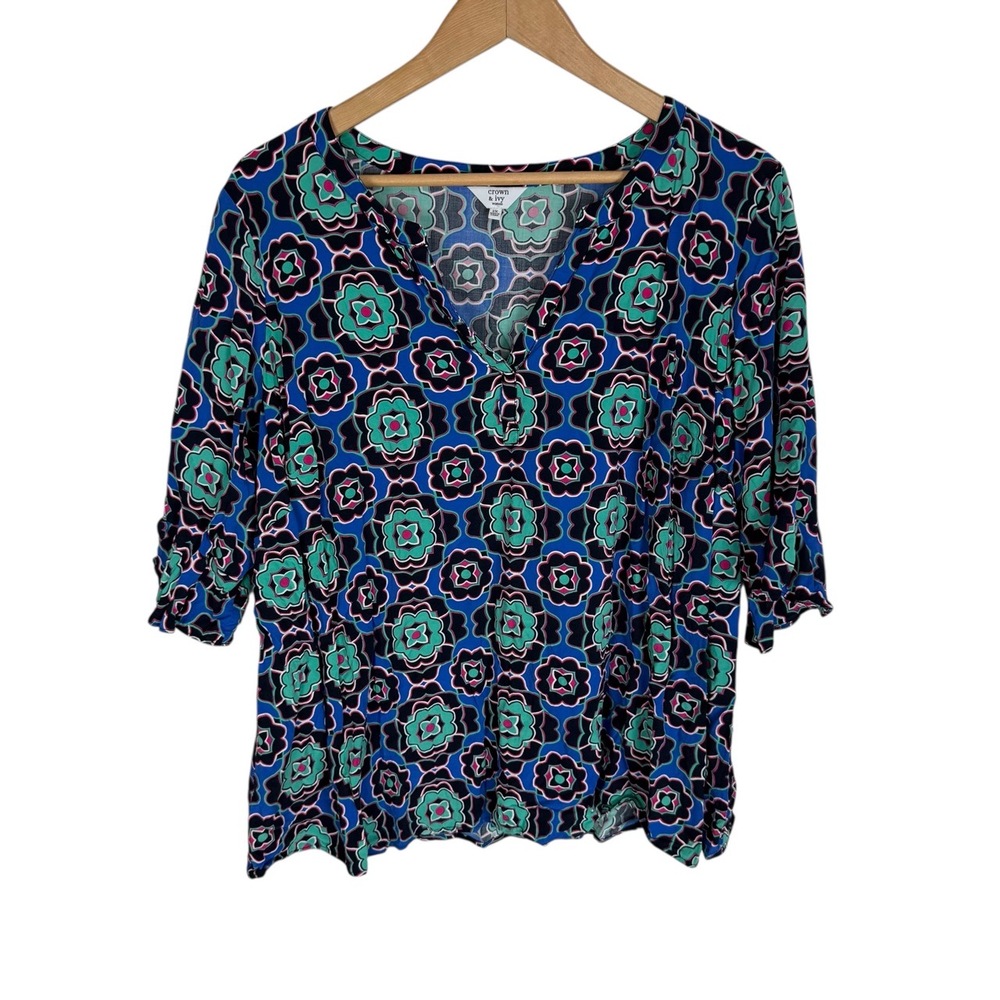Crown & Ivy Blue Green Geometric Pattern V-neck 3/4 Sleeve Peasant‎ Blouse 2X